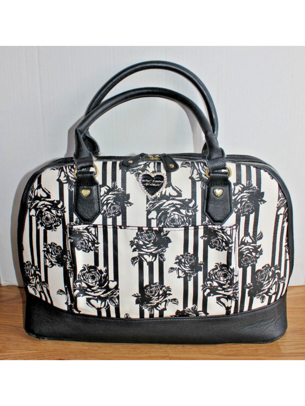 Betsey Johnson Black & White Striped Rose Dome Satchel Handbag Gold Heart